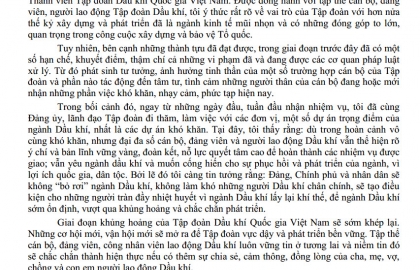 Thư của Chủ tịch HĐTV Tập đoàn gửi gia đình cán bộ, Đảng viên và người lao động ngành Dầu khí
